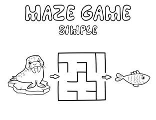 Simple Maze puzzle game for children. Outline simple maze or labyrinth game with walrus.