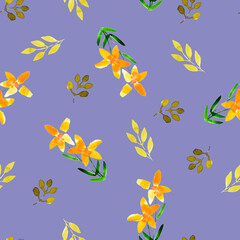 Yellow flowers and twigs on a lilac background. Seamless pattern.