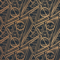 Abstract seamless pattern. Geometrical shapes, triangles, squares, circles. Golden glitter on dark blue with fabric texture.