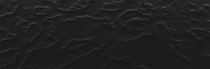 Black background. 3d dotted surface. Futuristic landscape. Halftone pattern. Technology presentation backdrop. Vector illustration