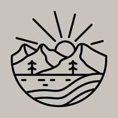 Camping nature adventure wild mountain line badge patch pin graphic illustration vector art t-shirt design