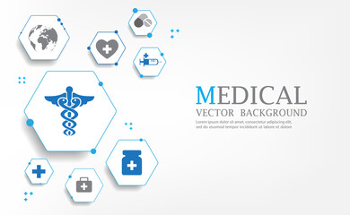 Medical icons in hexagon geometric shape.vector white background