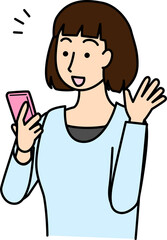 スマートフォンの画面を見て喜んでいる女性のイラスト