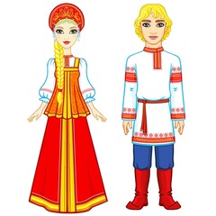 Animation portrait of a family in ancient Russian clothes.  Full growth. Vector illustration isolated on a white background.