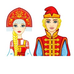 Animation portrait of a family in ancient Russian clothes. Vector illustration isolated on a white background.