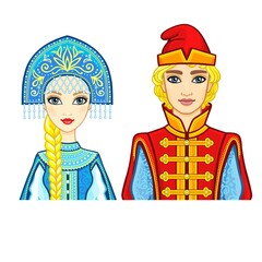 Animation portrait of a family in ancient Russian clothes. Vector illustration isolated on a white background.