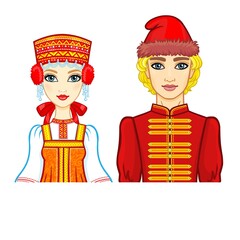 Animation portrait of a family in ancient Russian clothes. Vector illustration isolated on a white background.