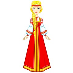 Animation portrait of the beautiful girl in an ancient Russian dress. Full growth. Vector illustration isolated on a white background.