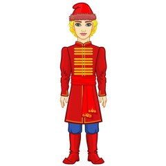 Portrait of a young Slavic man in ancient Russian clothes. Full growth. Vector illustration isolated on a white background.