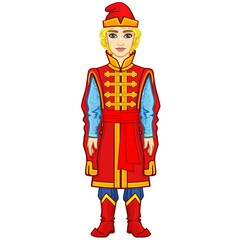 Portrait of a young Slavic man in ancient Russian clothes. Fairy tale prince. Full growth. Vector illustration isolated on a white background.