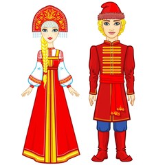 Portrait of a family in ancient Russian clothes. Fairy tale character. Full growth. Vector illustration isolated on a white background.