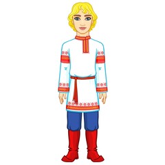Portrait of a young Slavic man in ancient Russian clothes. Full growth. Vector illustration isolated on a white background.