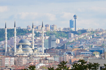 Ankara cityscape as seen from Hamamonu district with a view of Kocatepe Mosque and Atakule Tower - Ankara, Turkey