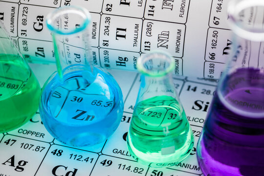 Laboratory glassware with liquids on periodic table