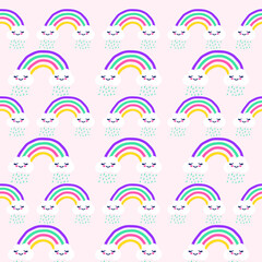 Hand drawn seamless pattern with rainbows and Trendy baby texture isolated on white background