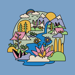 Camping nature adventure wild river mountain colorful graphic illustration vector art t-shirt design