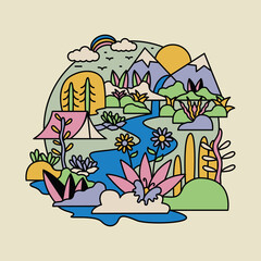 Camping nature adventure wild river mountain colorful graphic illustration vector art t-shirt design