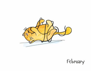 Cute cat tangled in wires, drawn watercolor illustration. Monthly calendar with funny cats. Month of february.