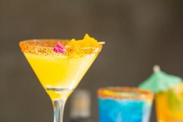 Close up to some drinks on a open bar