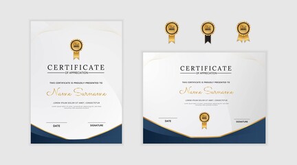 Certificate of appreciation template, gold and blue color. Clean modern certificate with gold badge. Certificate border template with luxury and modern line pattern. Diploma vector template