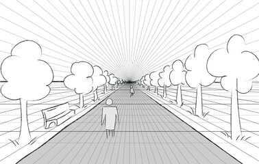 horizon road perspective example. grid background 3d Vector illustration. projection template. Line one point perspective perspective sheme