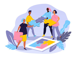 Fototapeta na wymiar vector illustration on the theme of teamwork. people carry puzzle pieces. friendly staff, close-knit work. illustration for web, magazines, apps 