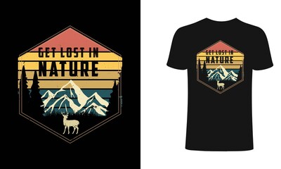 Get lost in nature retro graphics  t-shirt with sun and stripes. Mountain adventure print for apparel, t-shirt design.
