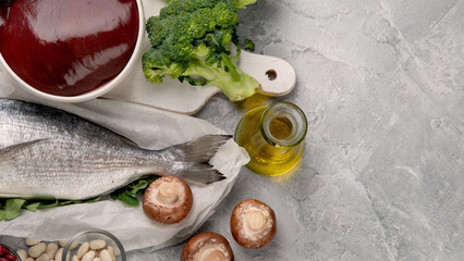 Food high in selenium on light gray background. Healthy eating concept.