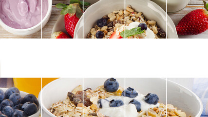 Collage of Muesli with different fresh berries and toppings for breakfast.