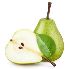 Ripe whole pear fruit with green leaf and half isolated