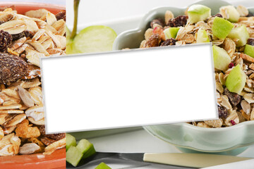 Collage of Muesli with different fresh berries and toppings for breakfast.