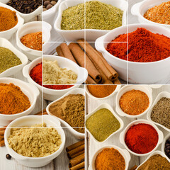 Collage of spices assortment. Food ingridients.