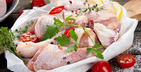 Raw chicken legs with spices and herbs for cooking on wooden background.