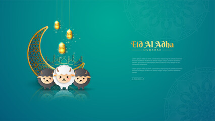 Fototapeta premium Islamic 3d design illustration for happy eid fitr or adha mubarak and ramadan kareem with sheep concept for web landing page, banner, social, poster, ad, promotion, book or print media