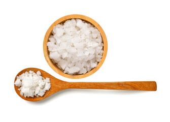 Fototapeta na wymiar Salt in wood spoon on white background