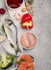 Food high in selenium on light gray background. Healthy eating concept.