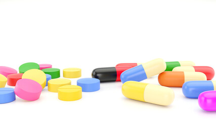 Colorful drug pill medicine tablet on white background 3D rendering 