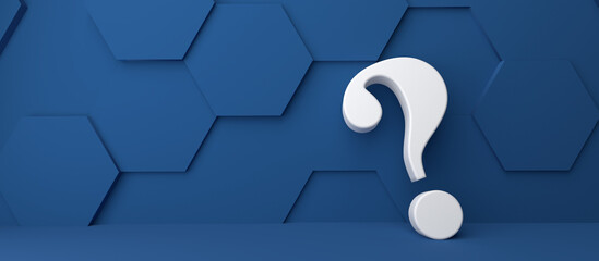 Fine 3d concept with a white question mark icon on classic blue hexagon - obrazy, fototapety, plakaty