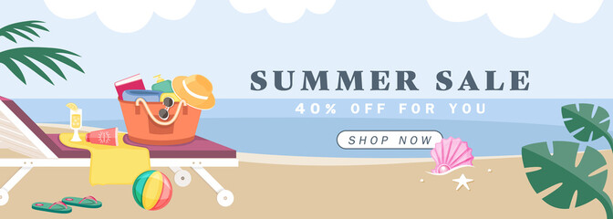 Illustration vector banner of relaxing on beach objects in bag as summer sale product concept.
