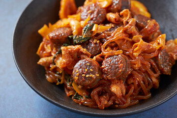 Spicy stir-fried sundae, Korean food 