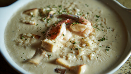 Seafood cream risotto on a plate