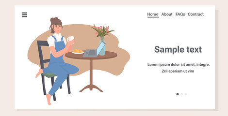 woman freelancer sitting at workplace drinking coffee using laptop coronavirus pandemic quarantine