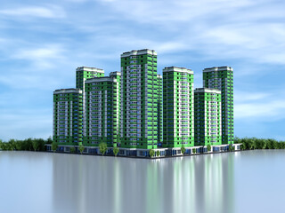 Modern new multi-apartment residential complex against the backdrop of the blue sky. Place for your text. 3d illustration