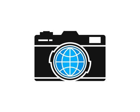 Digital camera in black colors with abstract globe inside