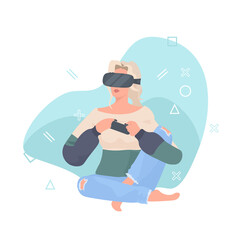 woman wearing vr glasses using joystick girl playing video games using virtual reality goggles