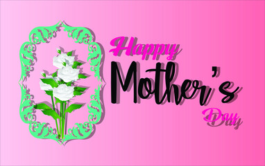 Happy Mother's day greeting card with white rose on pink background. holiday background. Vector illustration.