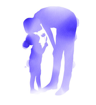 Happy father's day. Happy family. Daughter giving dad a flower silhouette plus abstract watercolor painting. Double exposure illustration. Digital art painting.