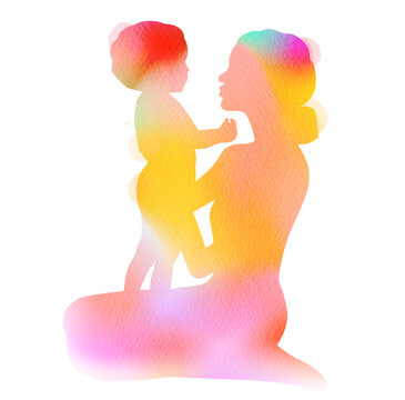 Happy mom with her child silhouette plus abstract watercolor painting. Mother's day. Digital art painting. Double exposure.