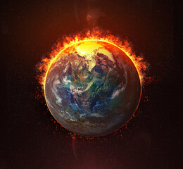 Catastrophe on planet Earth. The entire globe is engulfed in flames. The main task of this image is to stir up public interest in any material.
