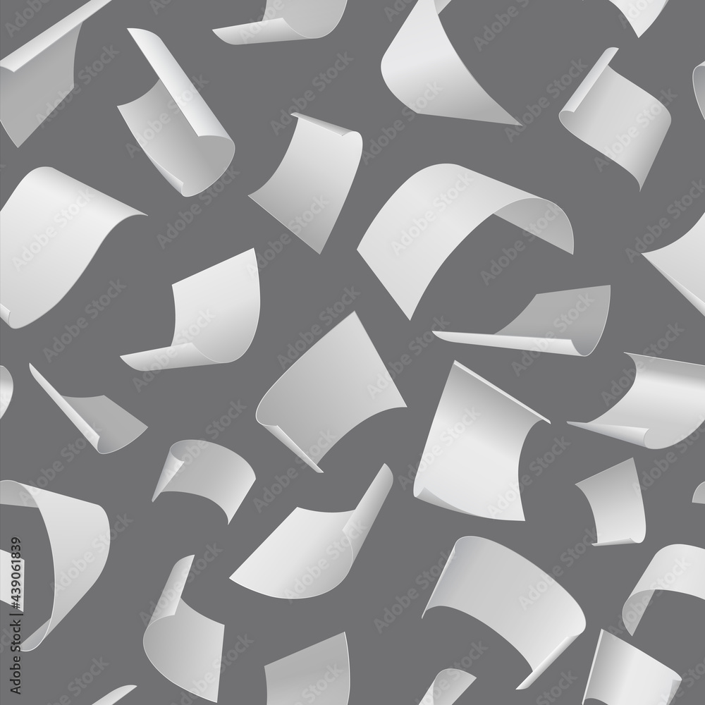 Poster Flying paper pattern. Seamless texture of falling document pages. Realistic blank note sheets with curled edges. Blown away white letters. Office stationery. Vector background mockup
